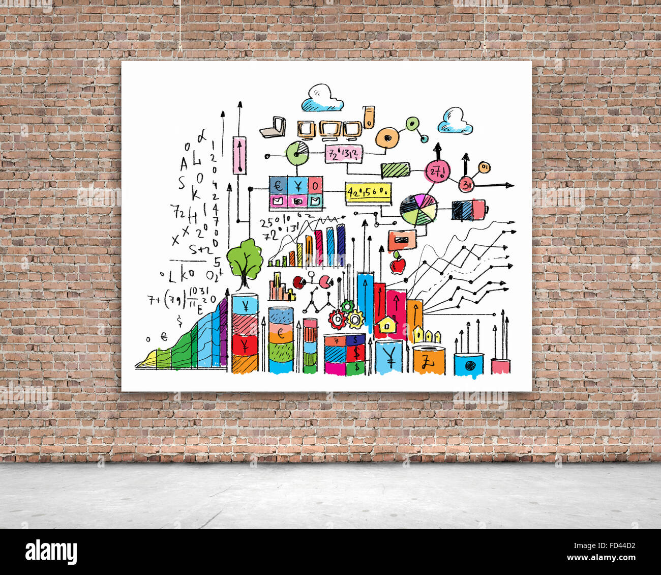 Hanging banner with business plan, graphics and diagrams Stock Photo