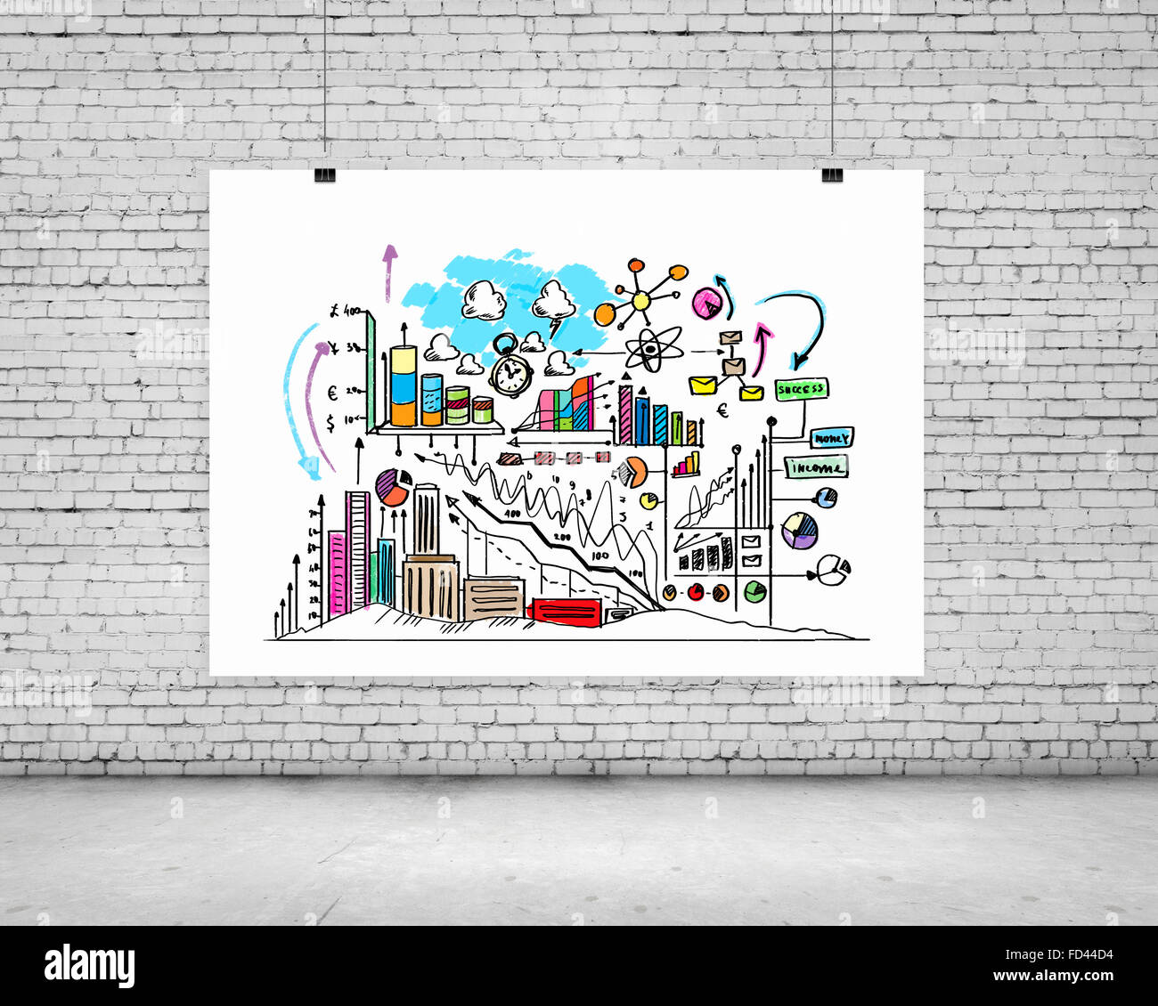 Hanging banner with business plan, graphics and diagrams Stock Photo
