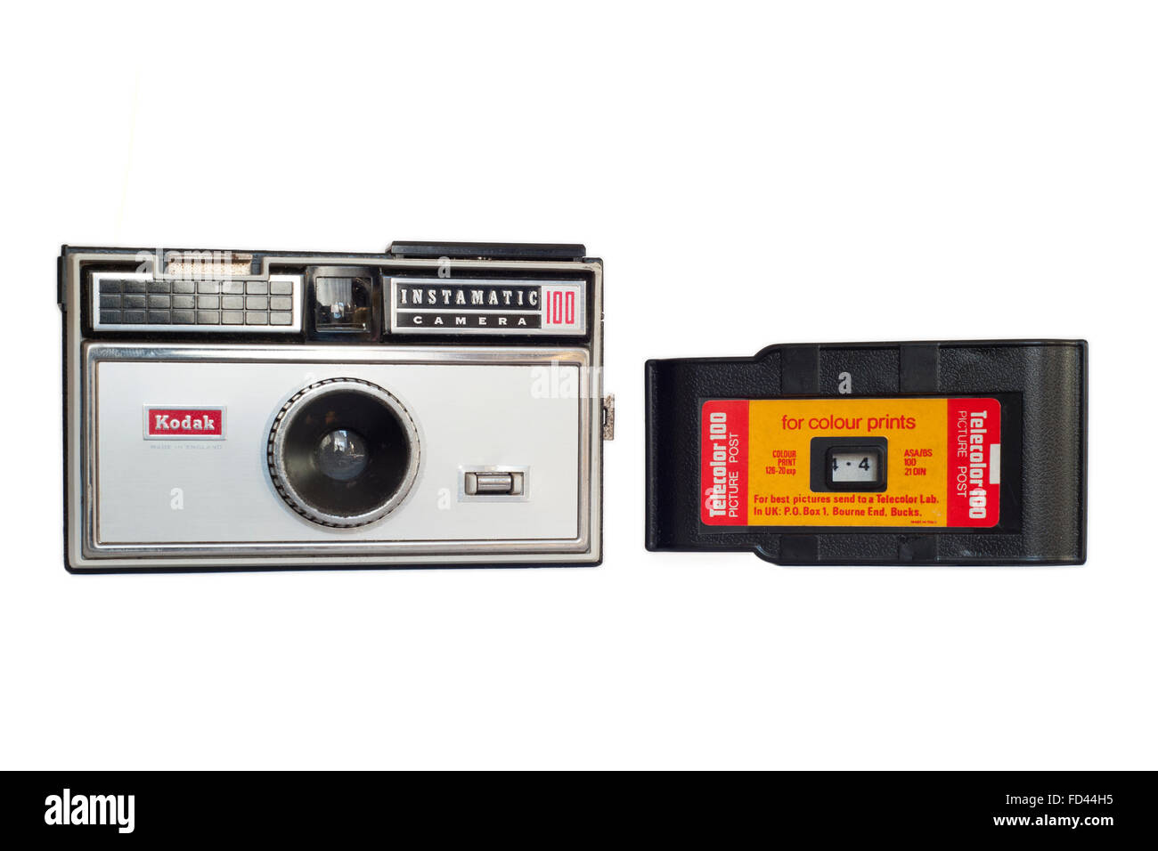 kodak 126 instamatic camera and film cartridge cut out on a white background Stock Photo