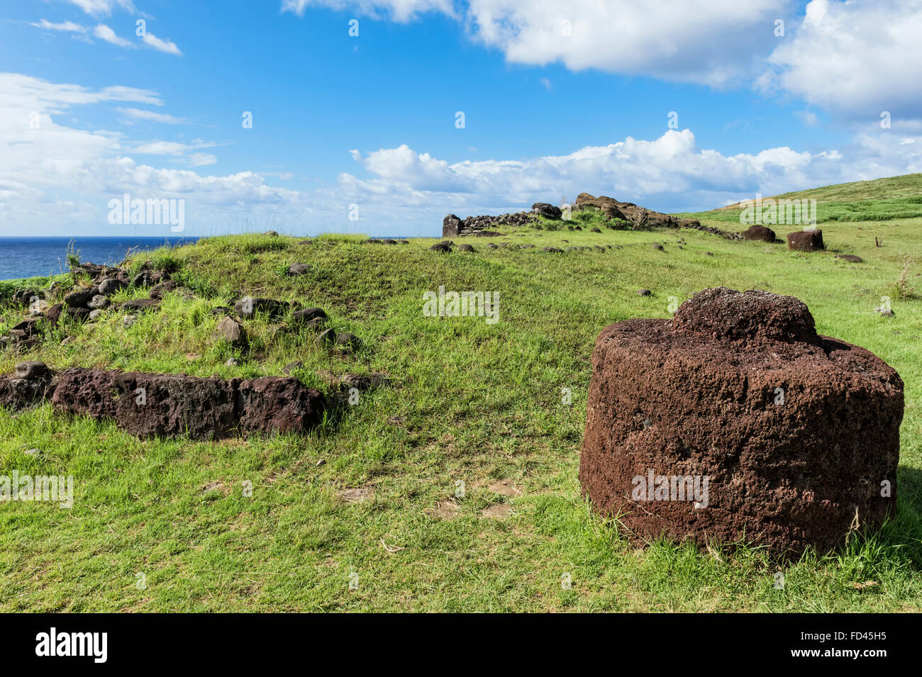 Chile, Easter Island, Pukao (Topknot), Rapa Nui National Park, Unesco World Heritage Site, Vinapu Stock Photo