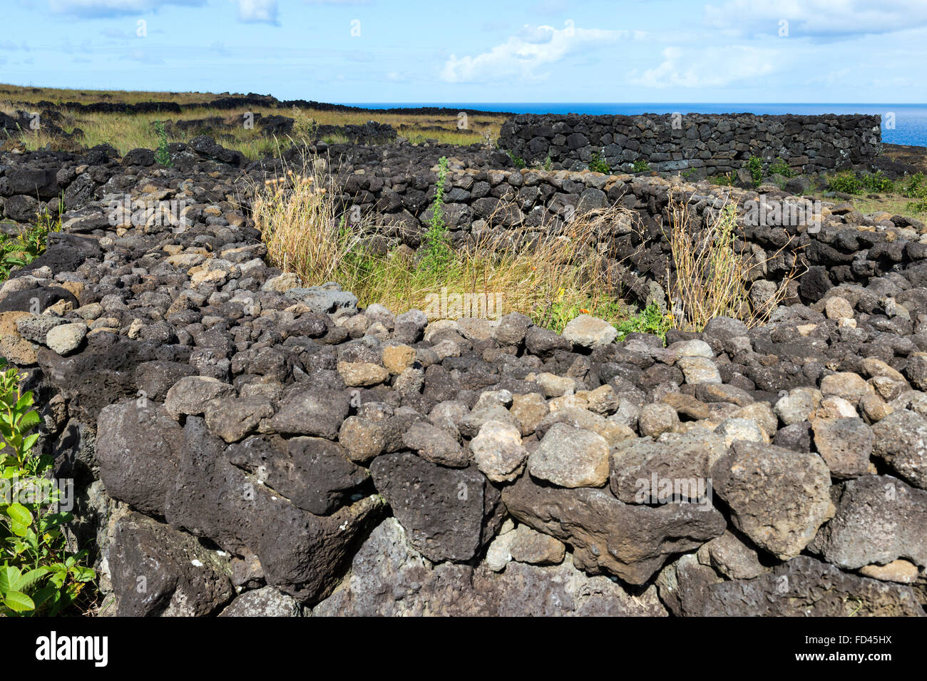 Ahu Tepeu, Chile, Easter Island, Foundations of elliptical houses, Rapa Nui National Park, Unesco World Heritage Site Stock Photo