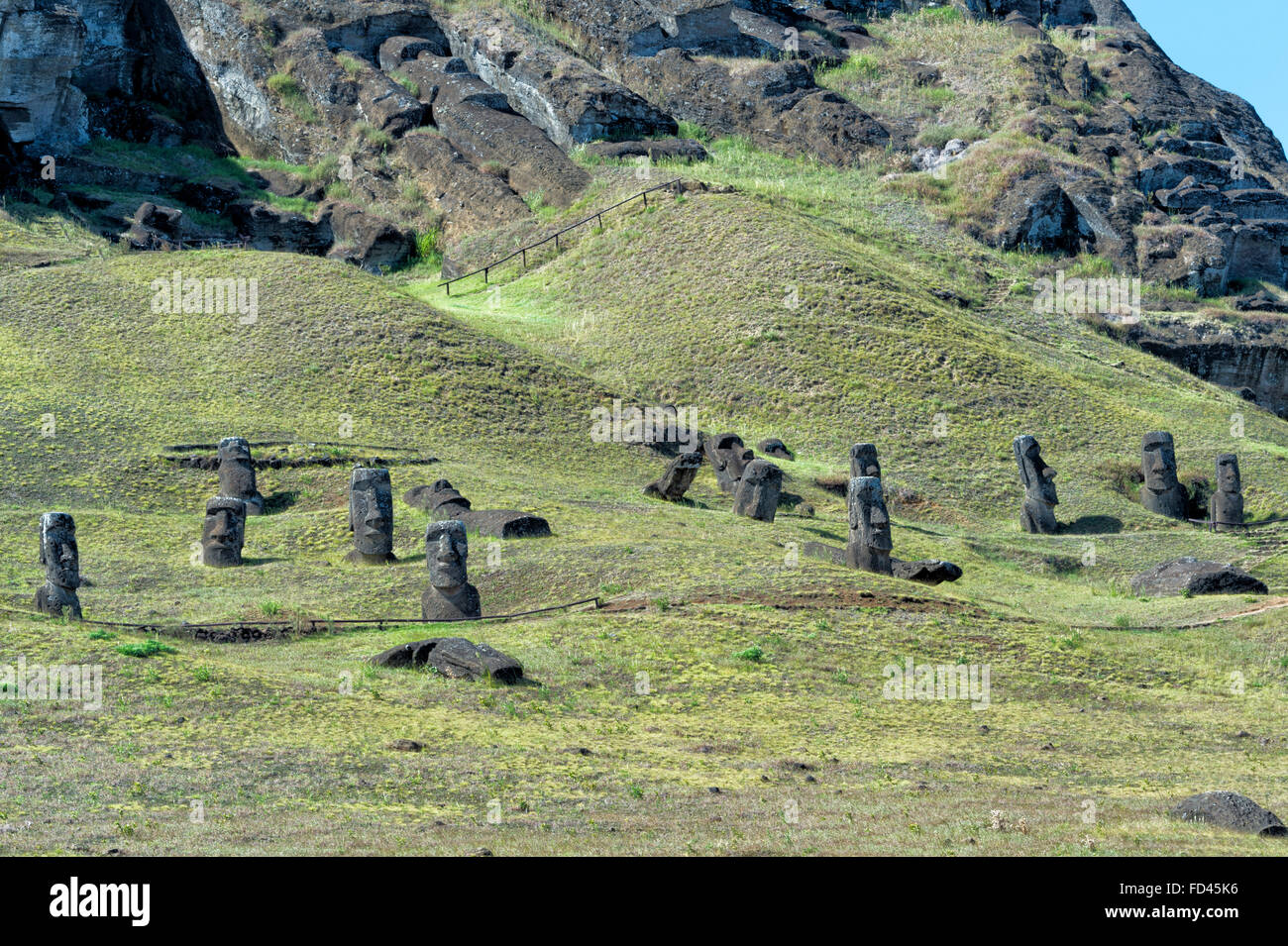 Chile, Easter Island, Moais on the flanks of Rano Raraku volcano, Rano Raraku, Rapa Nui National Park, Unesco World Heritage Stock Photo