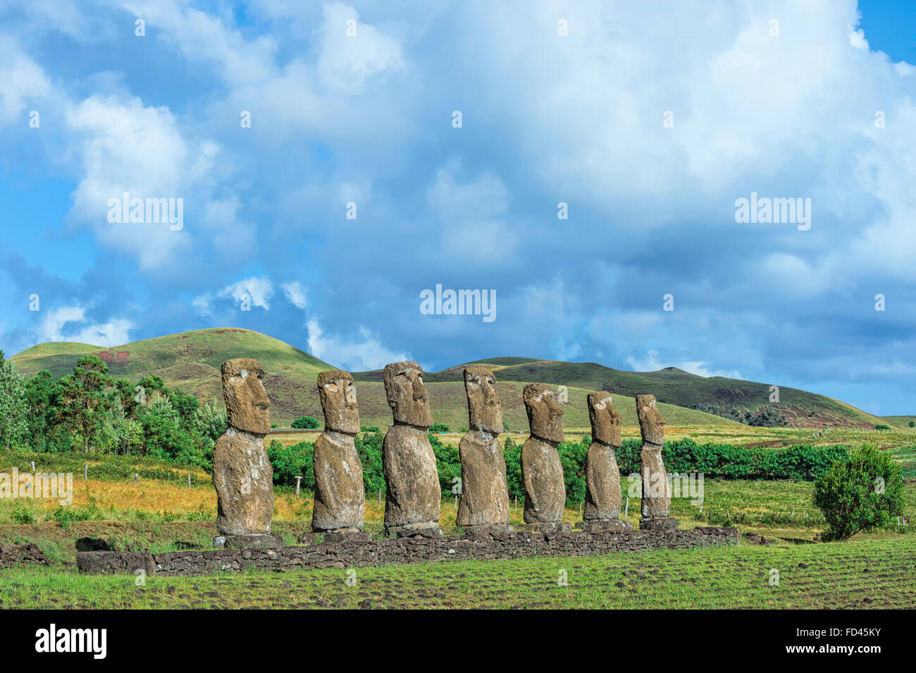 Ahu Akivi, Ahu Akivi Moais, Chile, Easter Island, Rapa Nui National Park, Unesco World Heritage Site Stock Photo