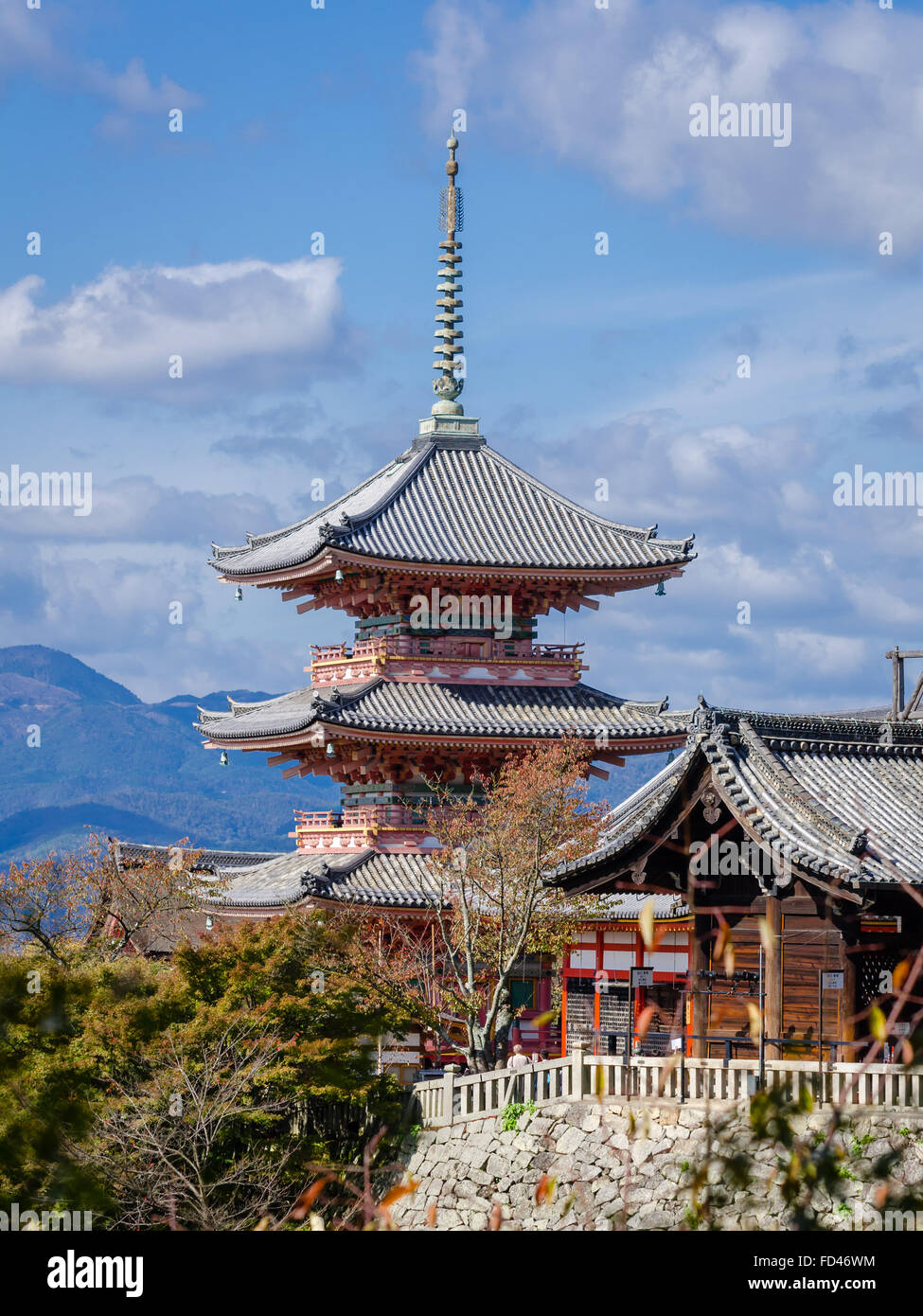 The three-story pagoda at Kiyomizu temple in Eastern Kyoto, Japan. Stock Photo