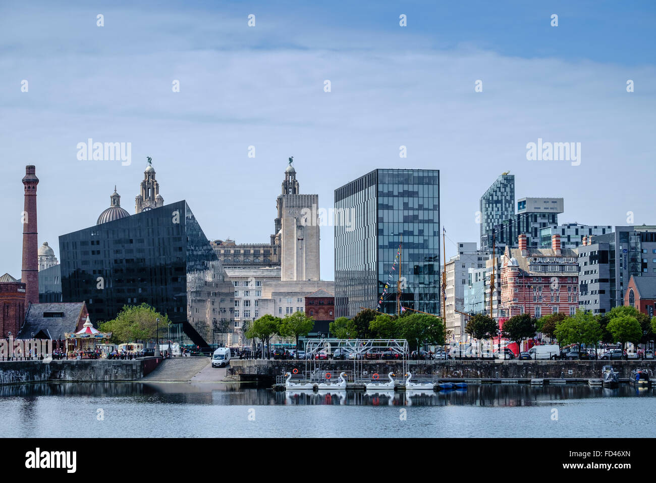 View of Liverpool's skyline across the docks. Stock Photo