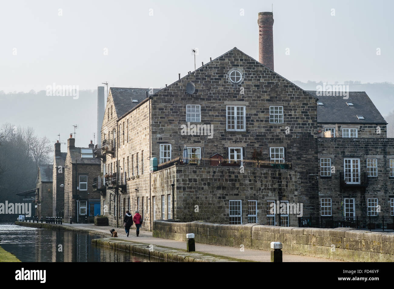 Converted mill next to Rochdale Canal in Hebden Bridge, West Yorkshire Stock Photo