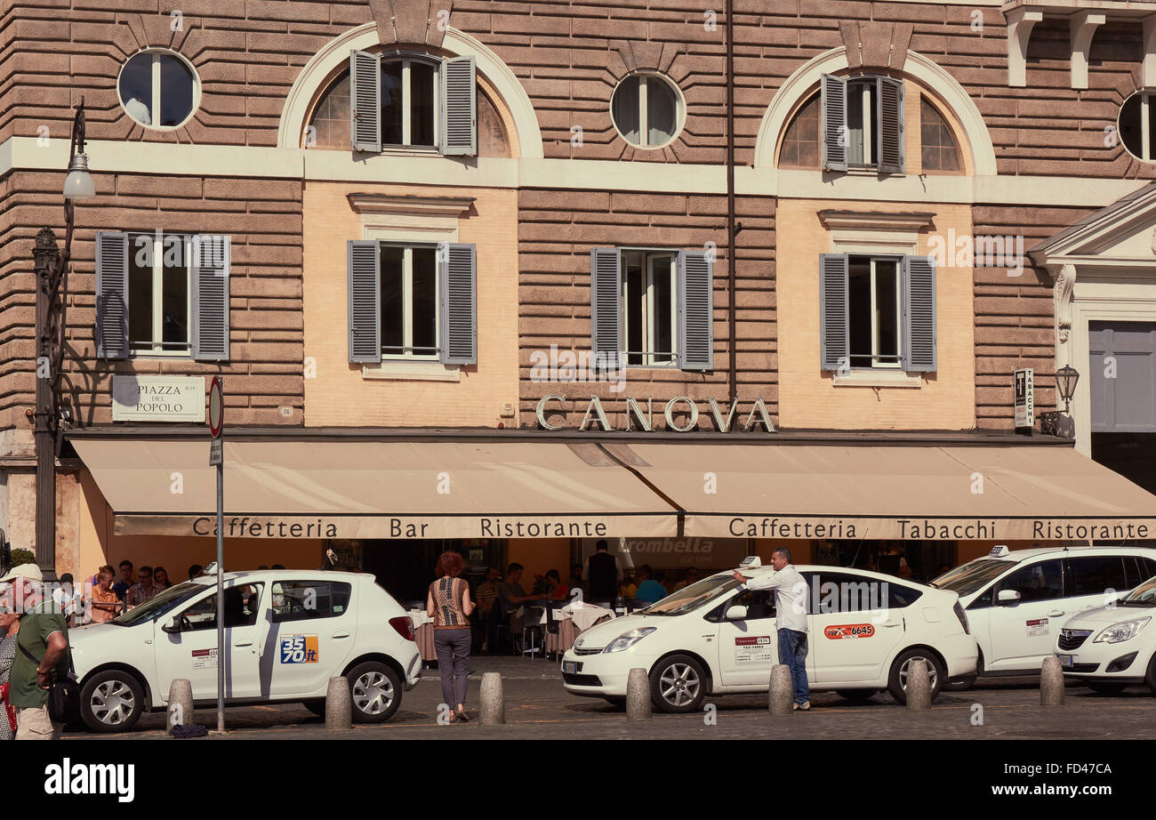 Taxis queuing outside Cafe Canova Piazza Del Popolo Rome Lazio Italy Europe Stock Photo