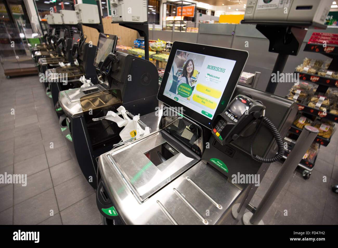 self service checkouts at a Morrisons supermarket , Stock Photo