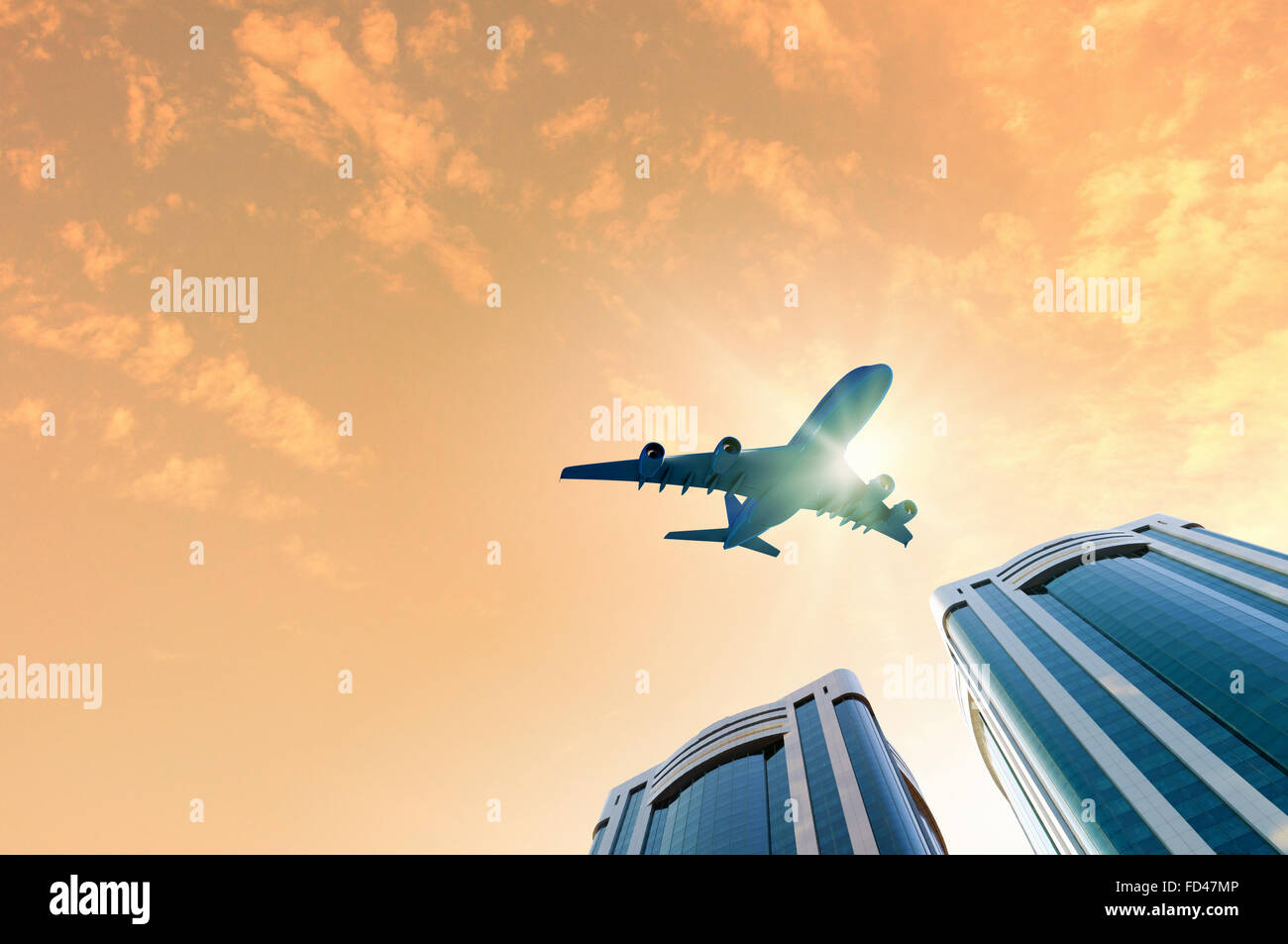 Image of airplane flying above skyscrapers. Bottom view Stock Photo - Alamy