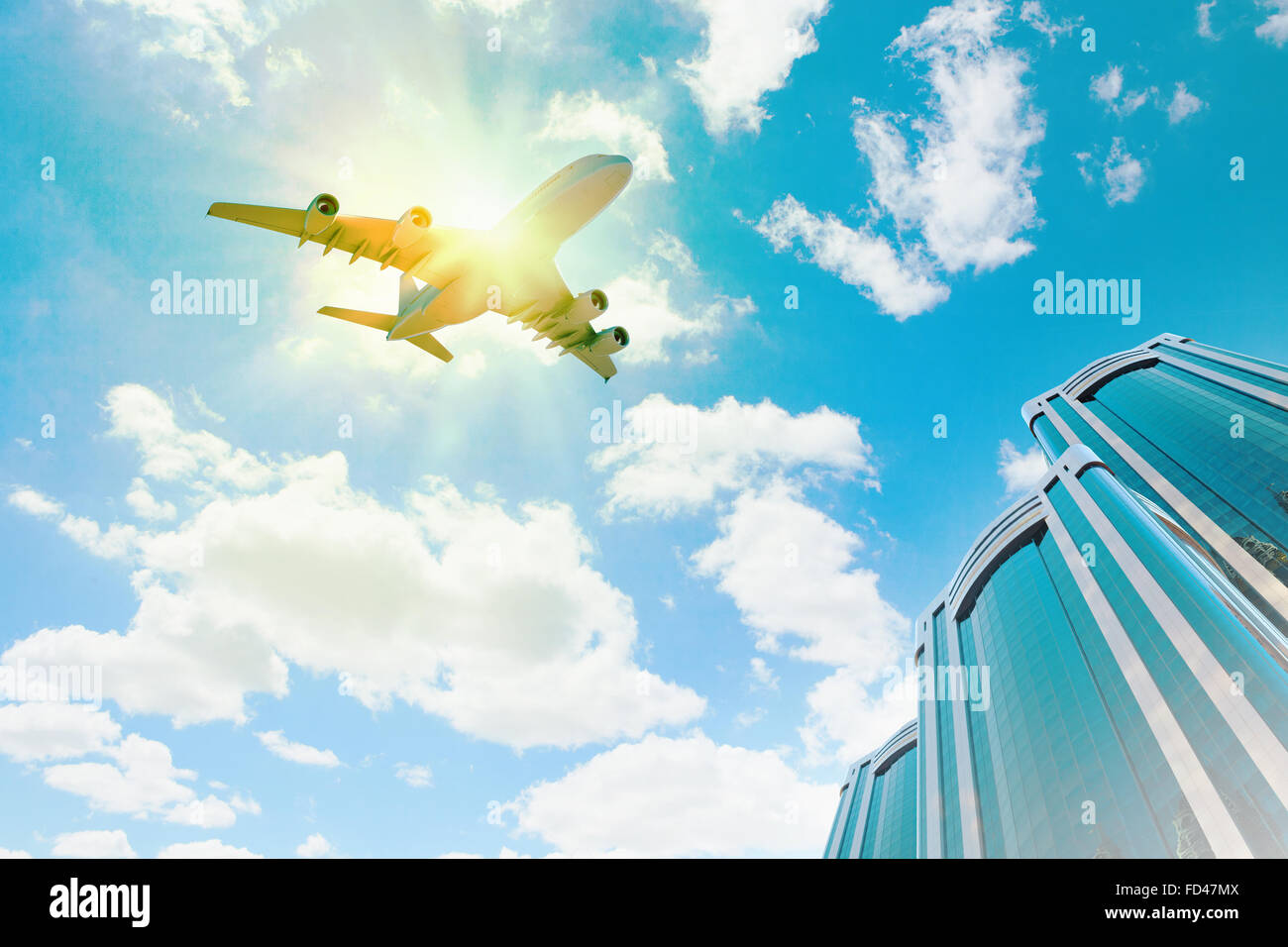 Image of airplane flying above skyscrapers. Bottom view Stock Photo - Alamy