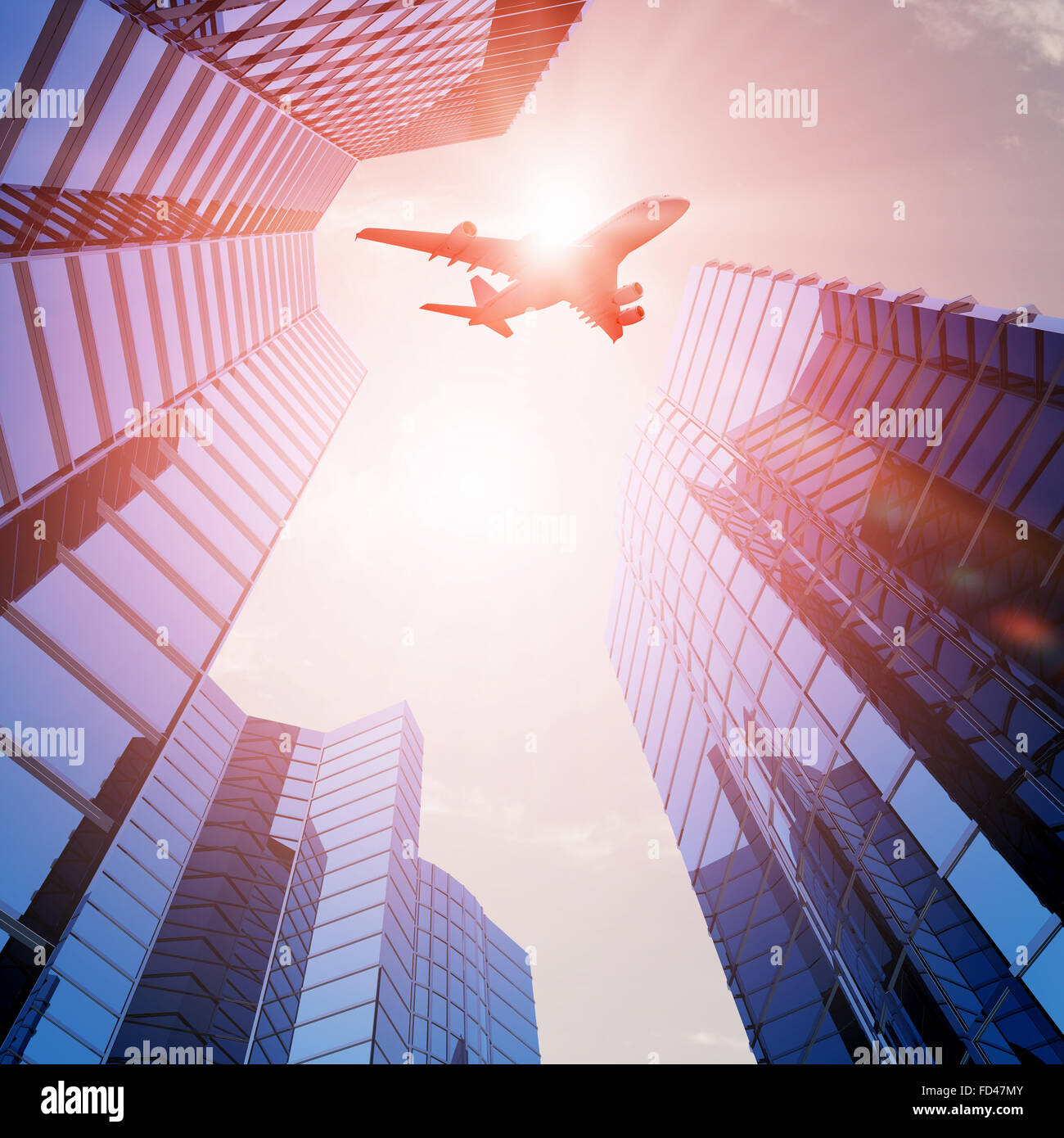 Image of airplane flying above skyscrapers. Bottom view Stock Photo - Alamy