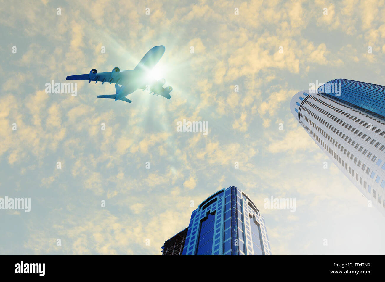 Image of airplane flying above skyscrapers. Bottom view Stock Photo - Alamy