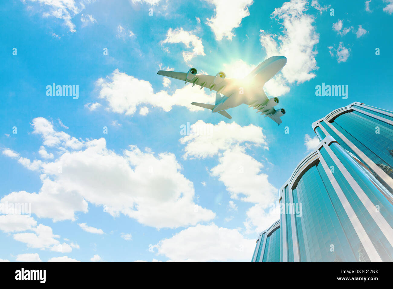 Image of airplane flying above skyscrapers. Bottom view Stock Photo - Alamy
