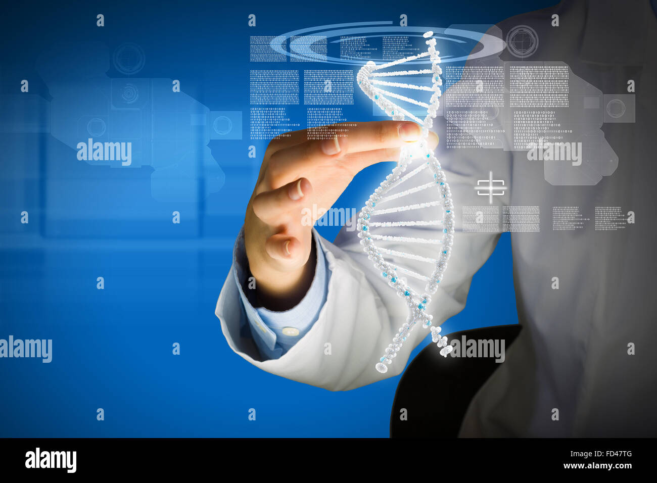 Woman scientist touching DNA molecule image at media screen Stock Photo