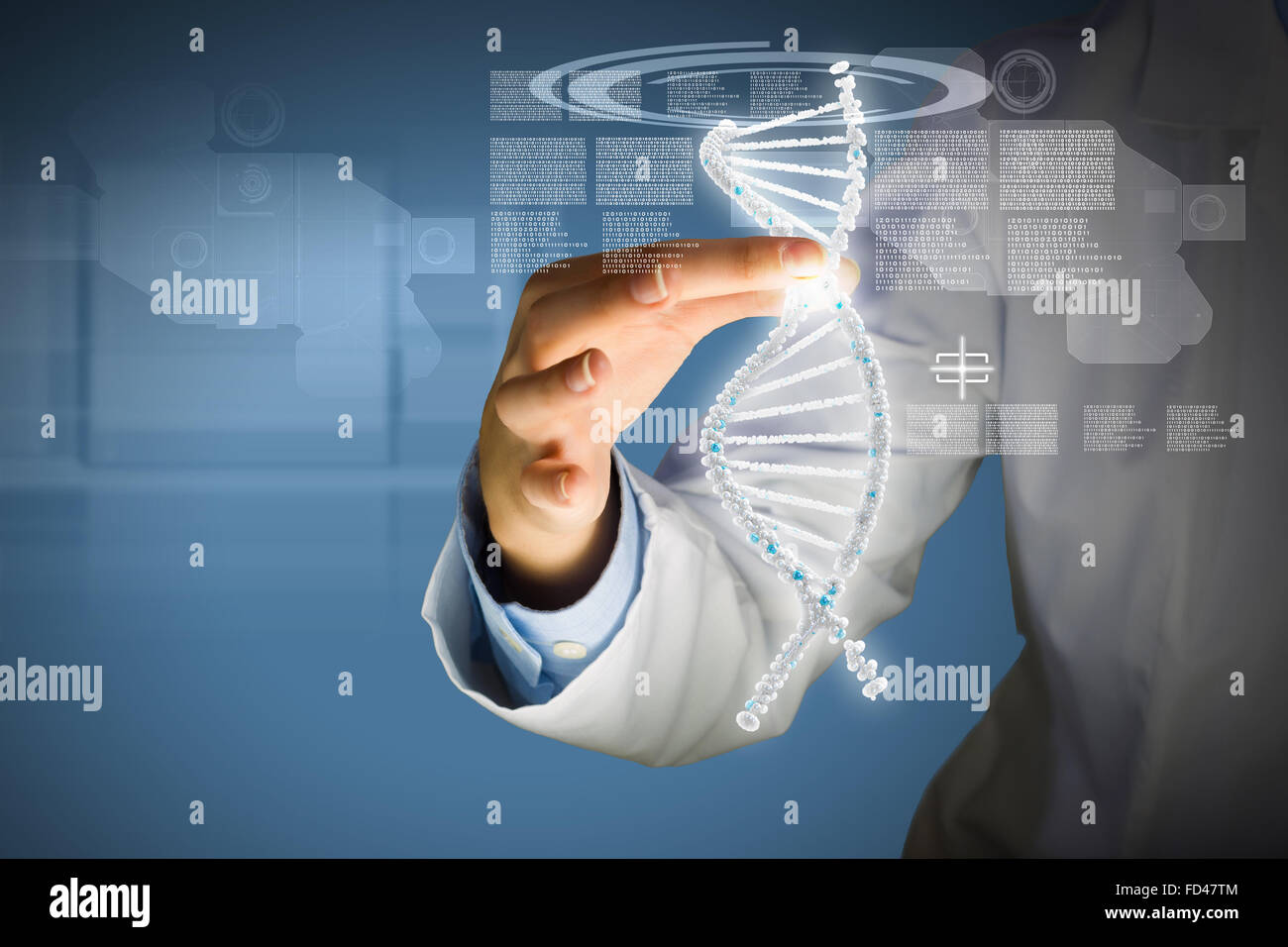 Woman scientist touching DNA molecule image at media screen Stock Photo