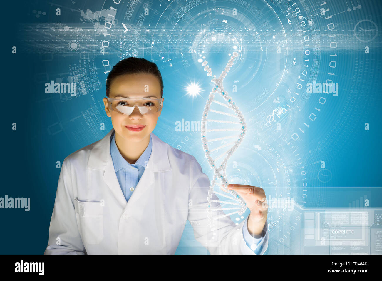 Woman scientist touching DNA molecule image at media screen Stock Photo