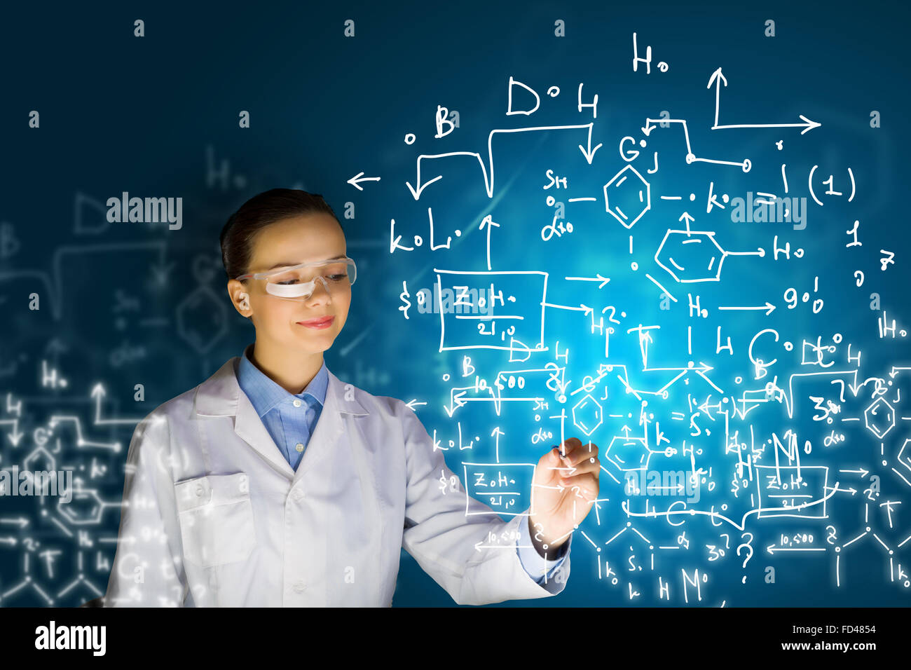 Young woman researcher in medical uniform drawing chemistry formulas