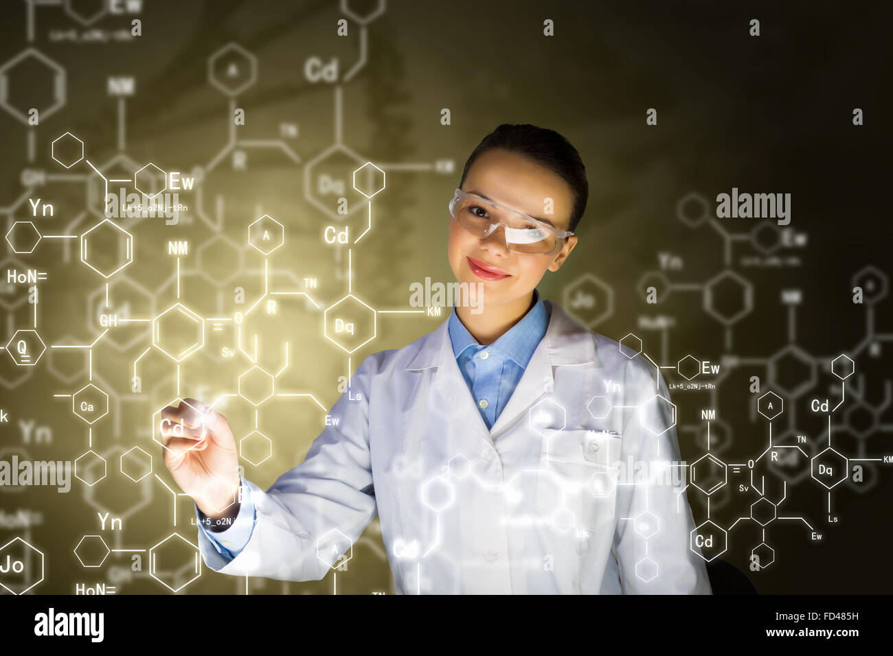 Young woman researcher in medical uniform drawing chemistry formulas