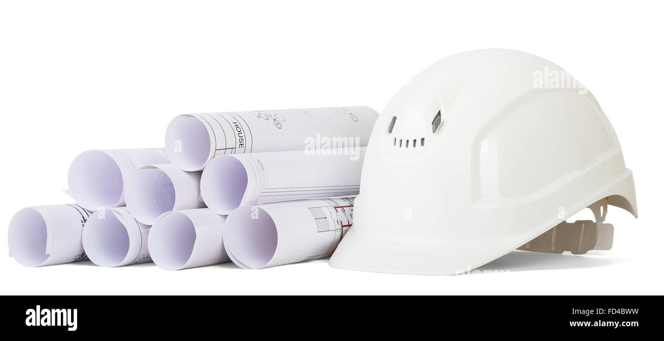 Architectural blueprint rolls with helmet Stock Photo - Alamy