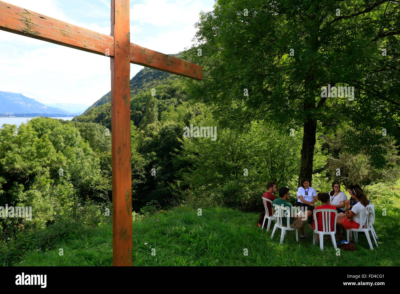 Hautecombe abbey.  Young Adults mission 18-30 of chemin neuf.  Spiritual hour. Stock Photo