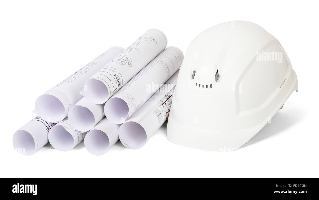 Architectural blueprint rolls with helmet Stock Photo - Alamy