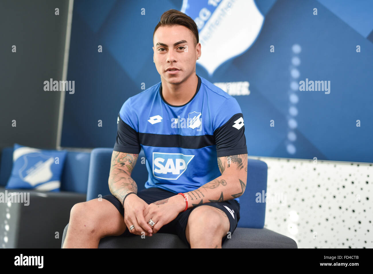 Eduardo Vargas, player on the German Bundesliga soccer team TSG 1899 Hoffenheim, sits during an interview in the training center in Zuzenhausen, Germany, 26 January 2016. Photo: UWE ANSPACH/dpa Stock Photo