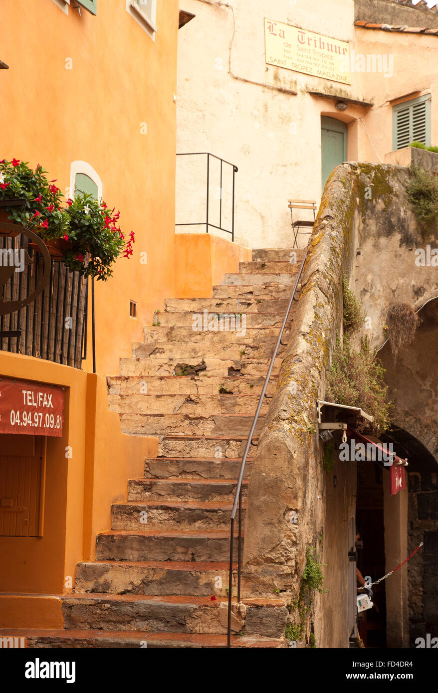Steps leading to the newspaper offices in St. Tropez, France. Stock Photo