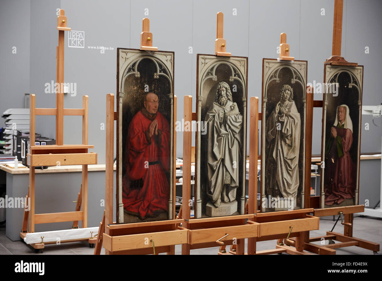 Restoration of the Mystical lamb, polyptich by Hubert & Jan van Eyck (1432).  Musee des Beaux-Arts de Gand (Ghent Fine Art Museu Stock Photo