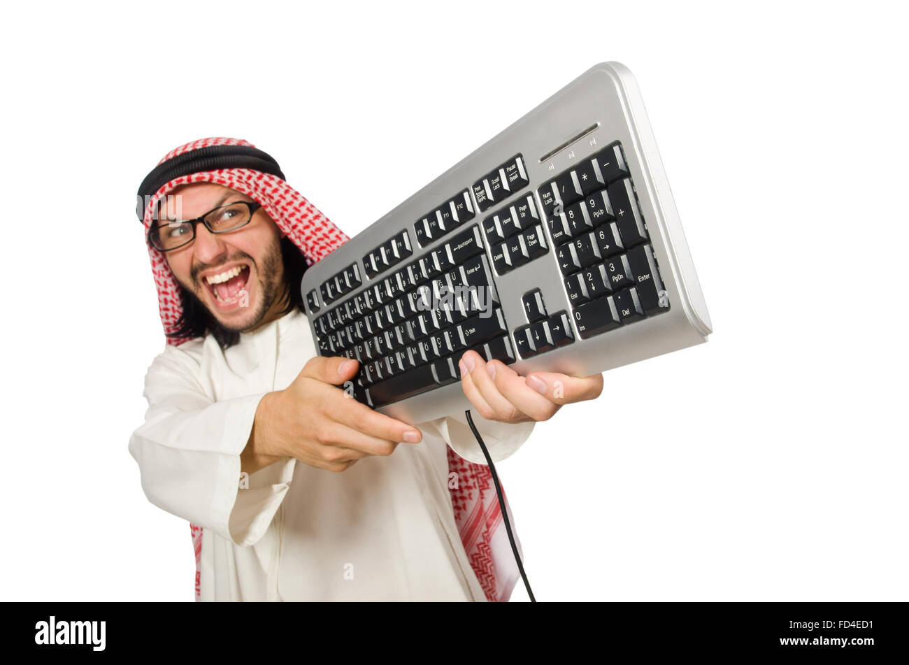 Arab On Computer The arab businessman with computer on white Stock Photo - Alamy