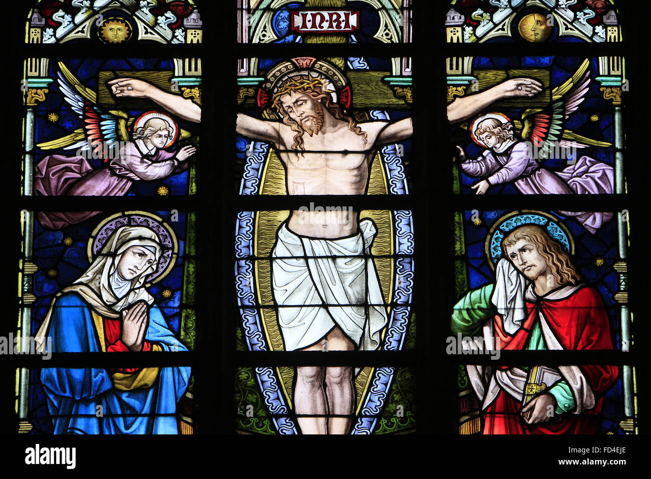 Jesus Christ on the Cross. Stained glass. St. Salvator's Cathedral. Stock Photo