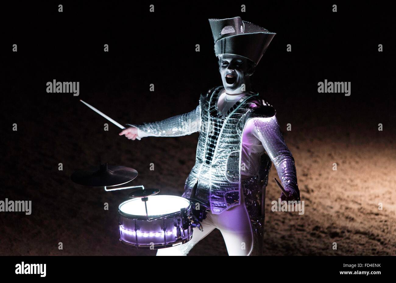 The Liverpool International Horse Show today (Sunday 3/1/16). The LED Drummers entertain the crowd. Stock Photo