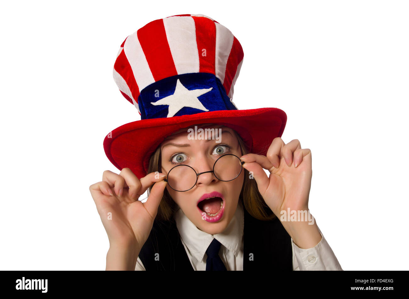 The woman wearing hat with american symbols Stock Photo Alamy