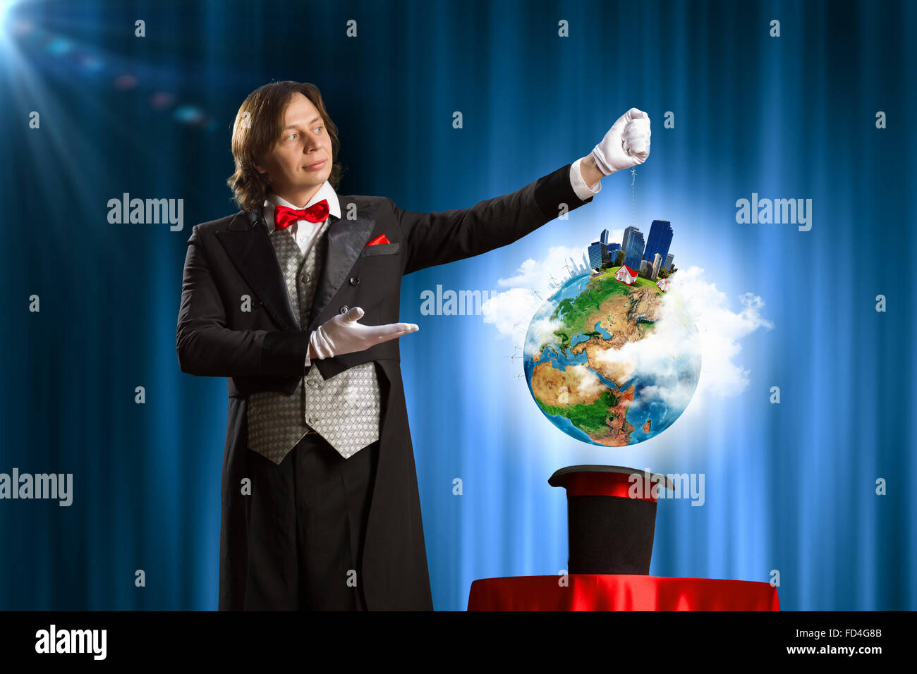Image of wizard showing tricks with his hat. Ecology concept. Elements ...
