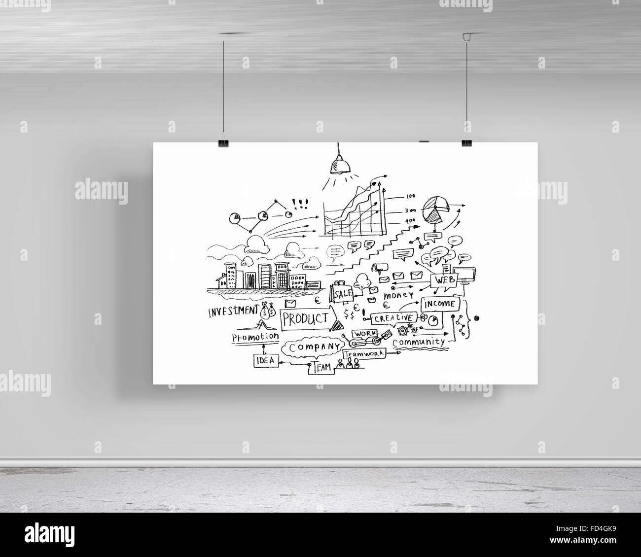 White Banner With Business Plan Hanging On Wall Stock Photo