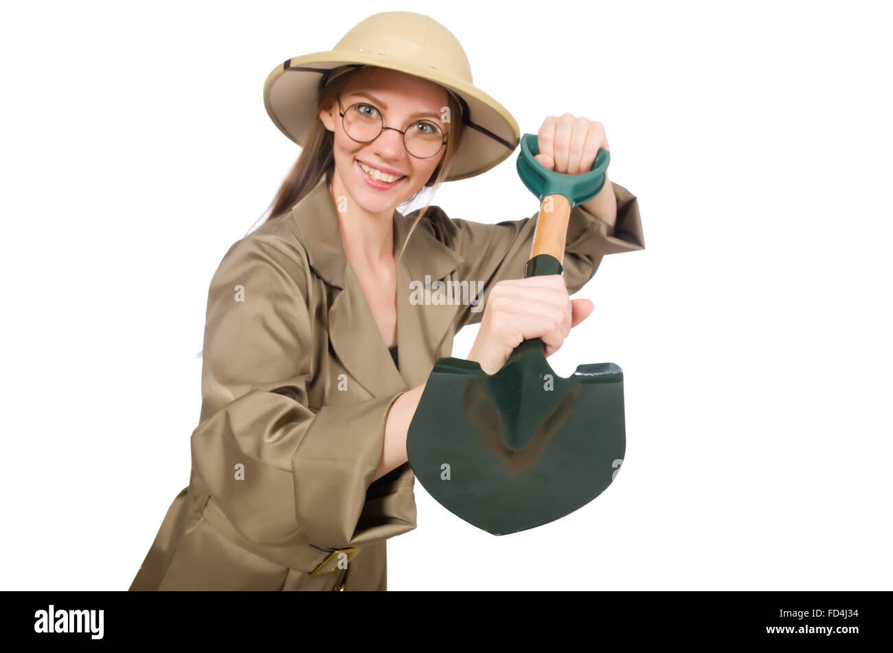The woman wearing safari hat on white Stock Photo Alamy