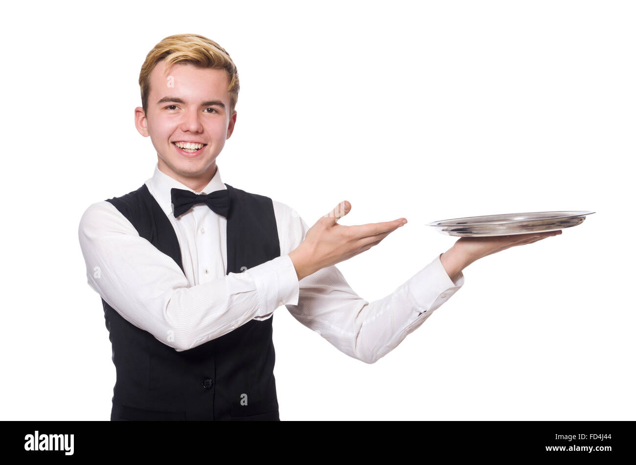 The waiter holding plate isolated on white Stock Photo Alamy