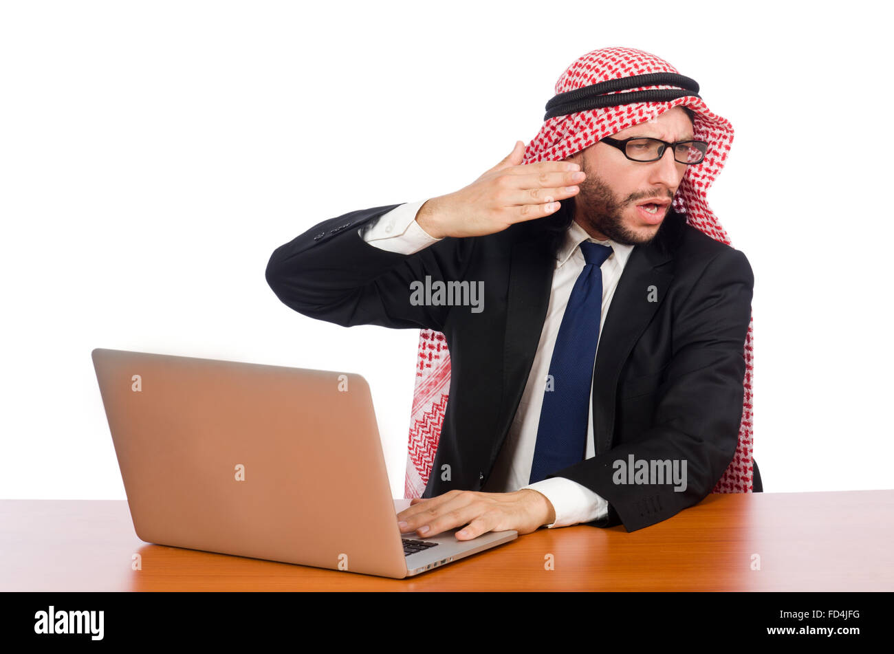 Arab On Computer The arab businessman with computer on white Stock Photo - Alamy