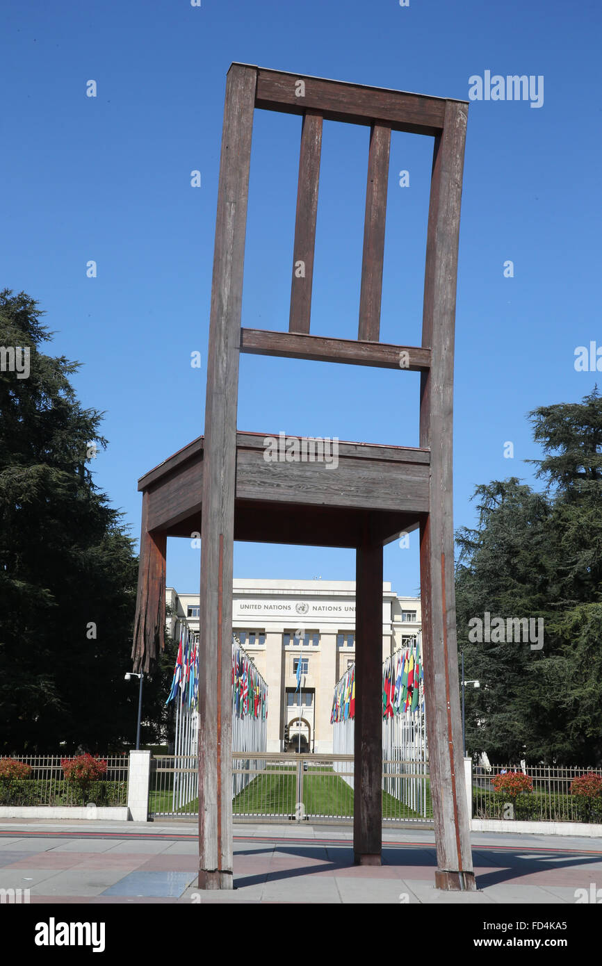 The Broken Chair by Daniel Berset, Memorial to the victims of landmines in front of the United Nations Building. Stock Photo