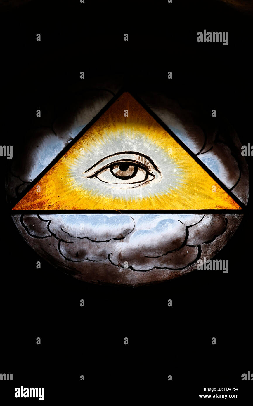 Saint Antoine church. Stained glass window. The eye of God Stock Photo ...
