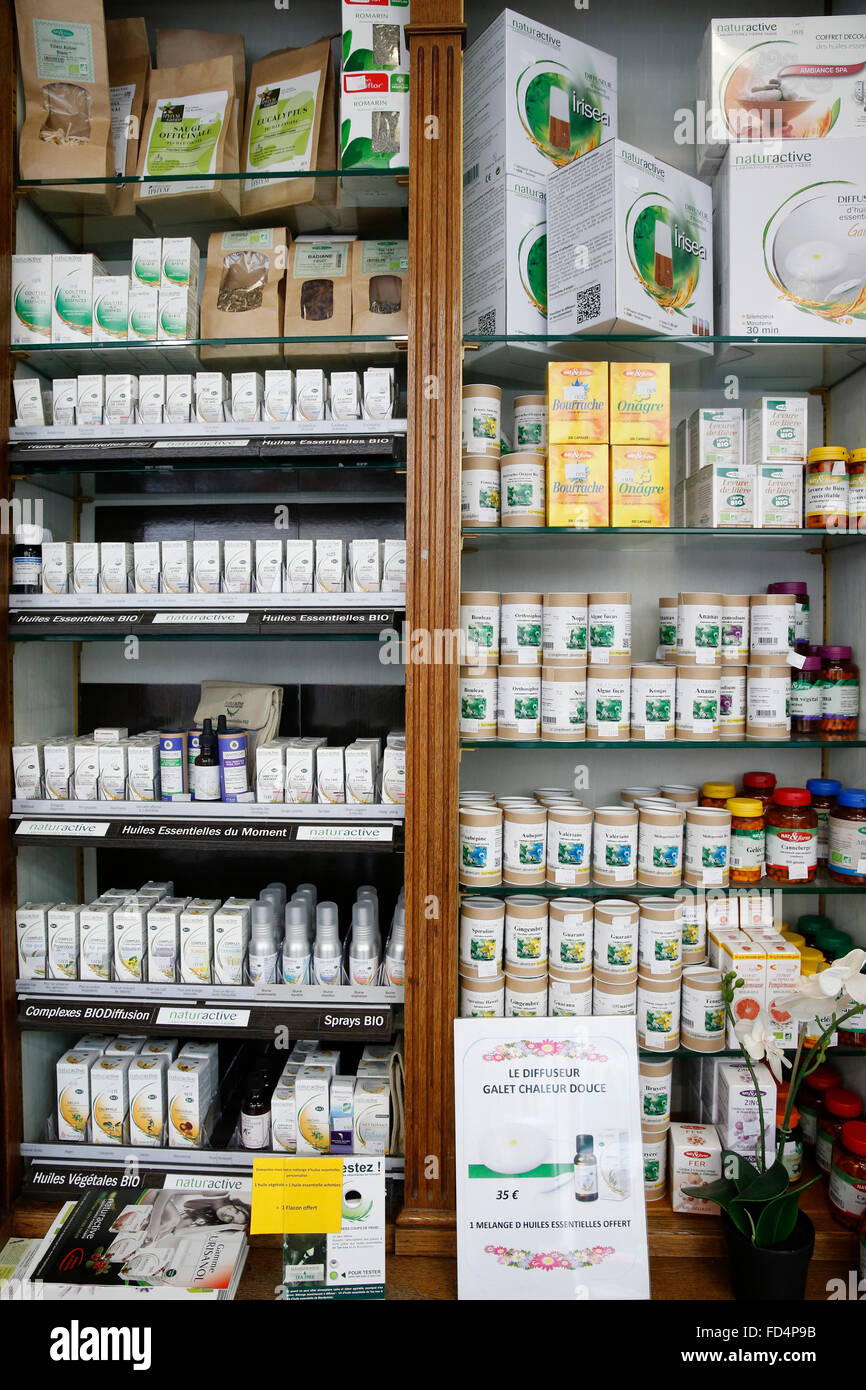Drugstore. Essential oils and dietary supplements. Stock Photo