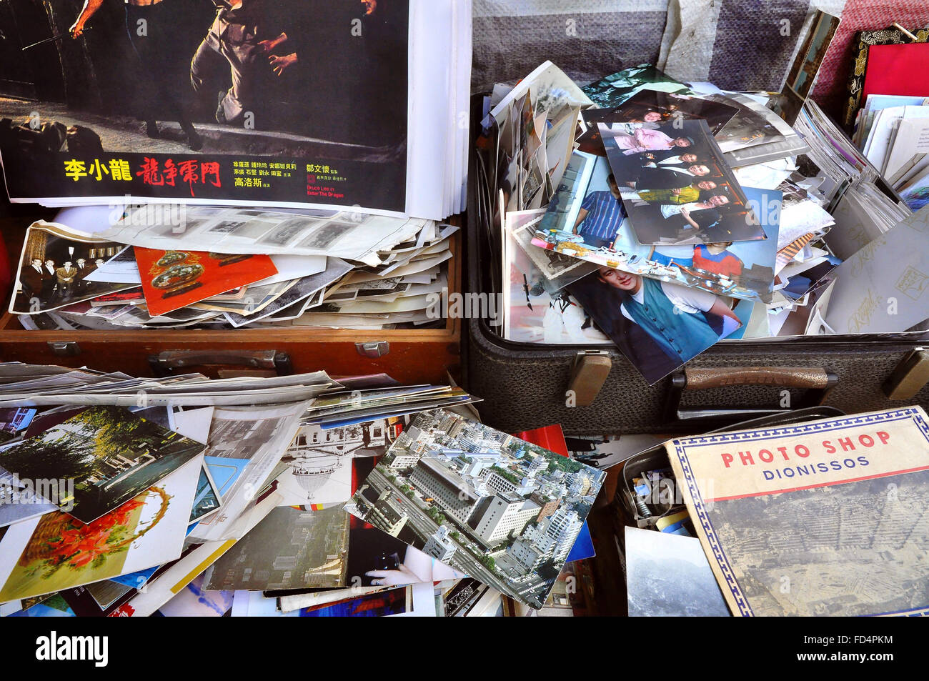 Boxes of old postcards and vintage photographs on sale at Upper Lascar Row street market, Sheung Wan, Hong Kong Stock Photo