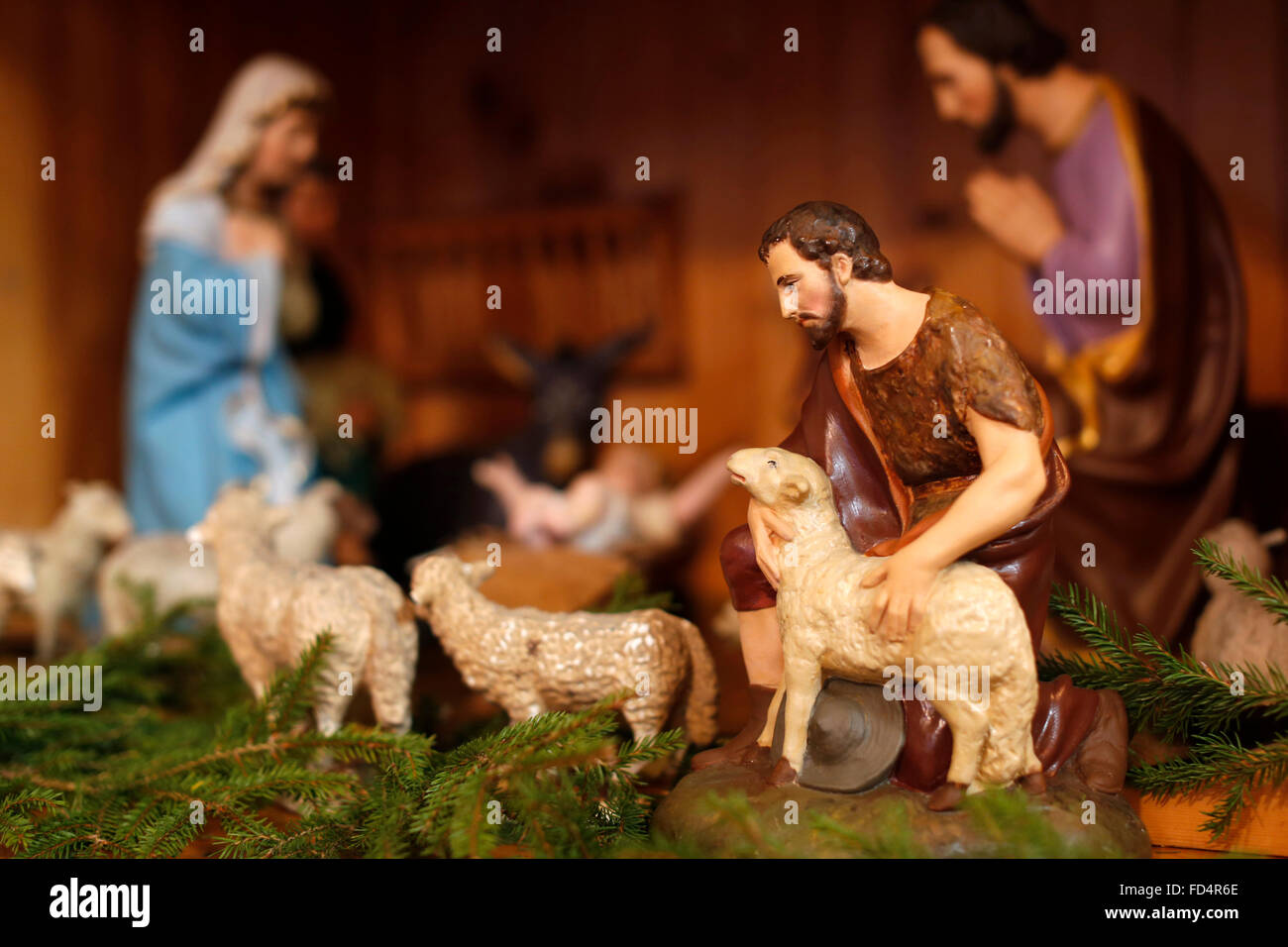 Christmas crib in a caholic church. Nativity scene. The sheperd Stock ...