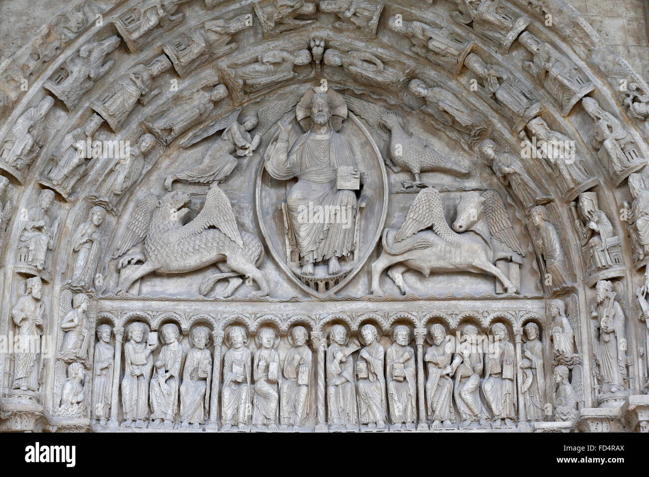 National Museum of French monuments. Chartres cathedral. Central portal. Christ in majesty. Cast. Stock Photo
