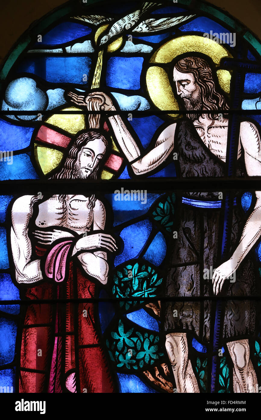 Yvoire. Saint Pancras church. Jesus's baptism. Stock Photo