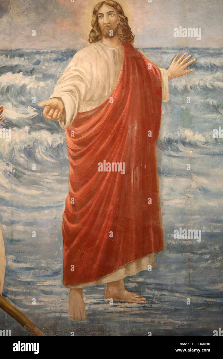 Yvoire. Saint Pancras church. Jesus walking on water. Stock Photo