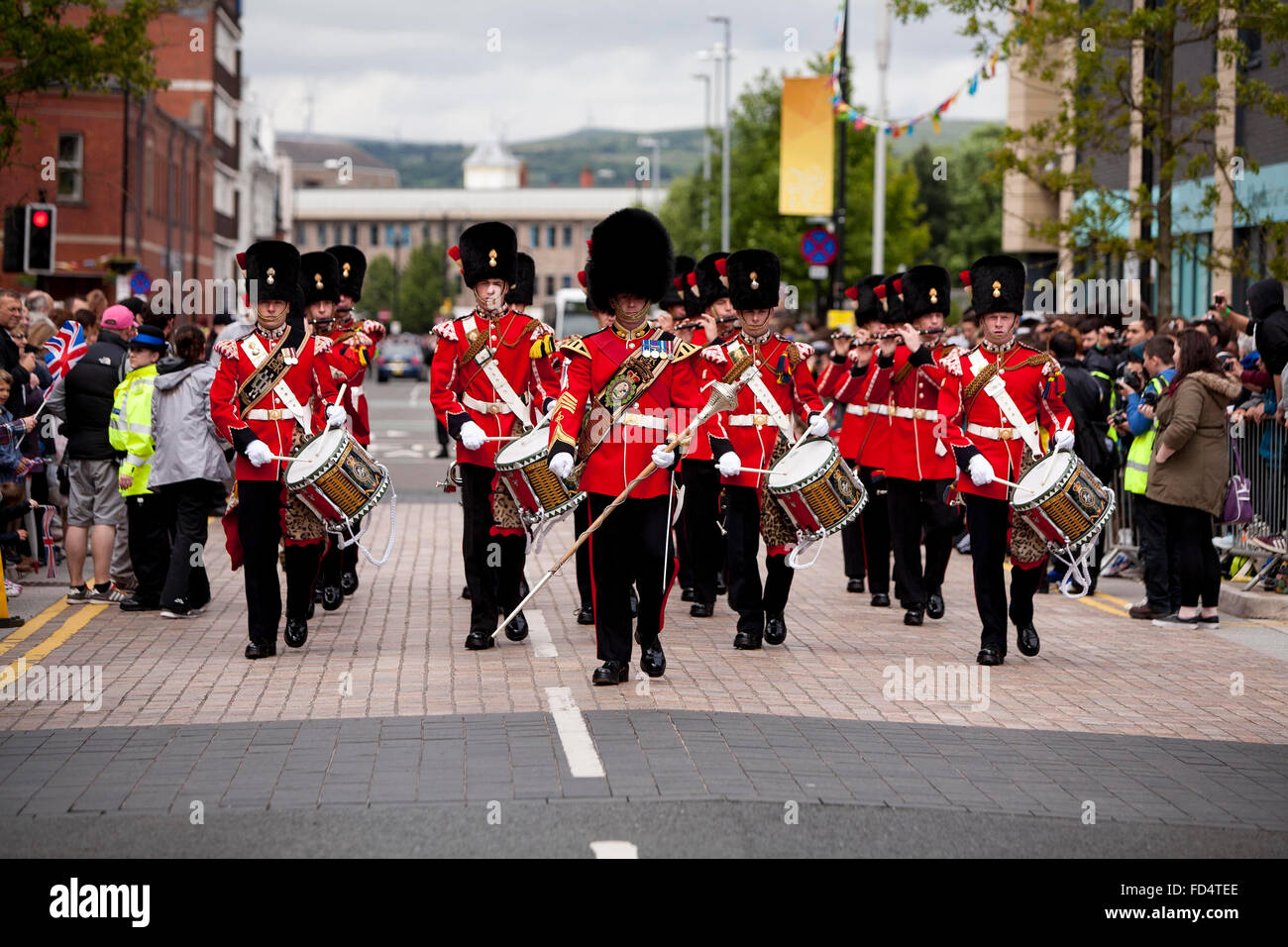 Olympic torch relay at Bury Town Hall . Royal Regiment of Fusiliers , Tibworth Garrison . Stock Photo