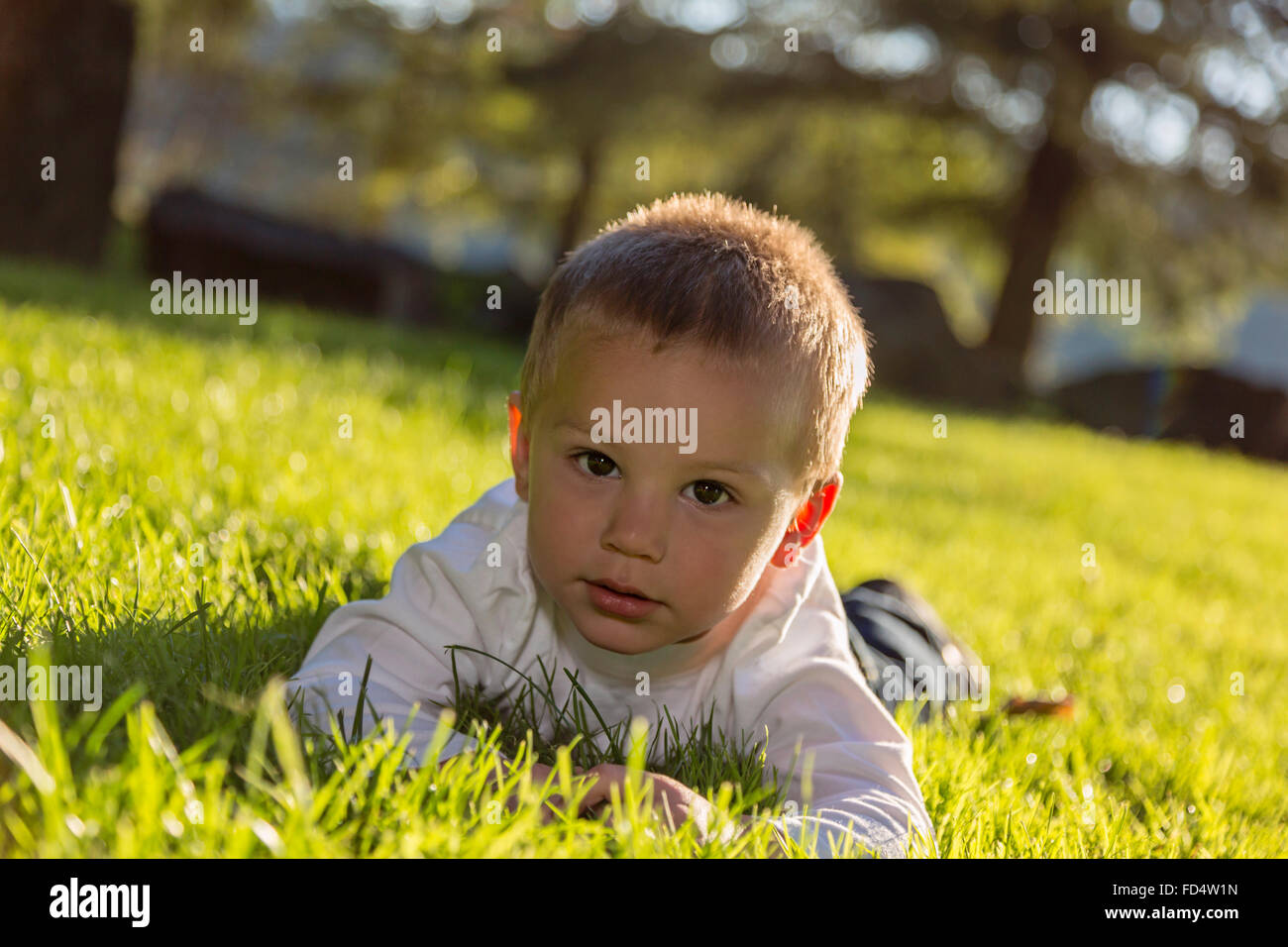 Happy toddler at the park playing in the grass Stock Photo