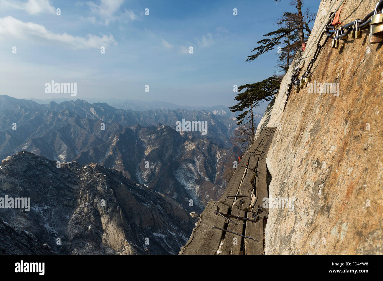 Wooden path of the Danger Trail of Mount Hua Shan Stock Photo