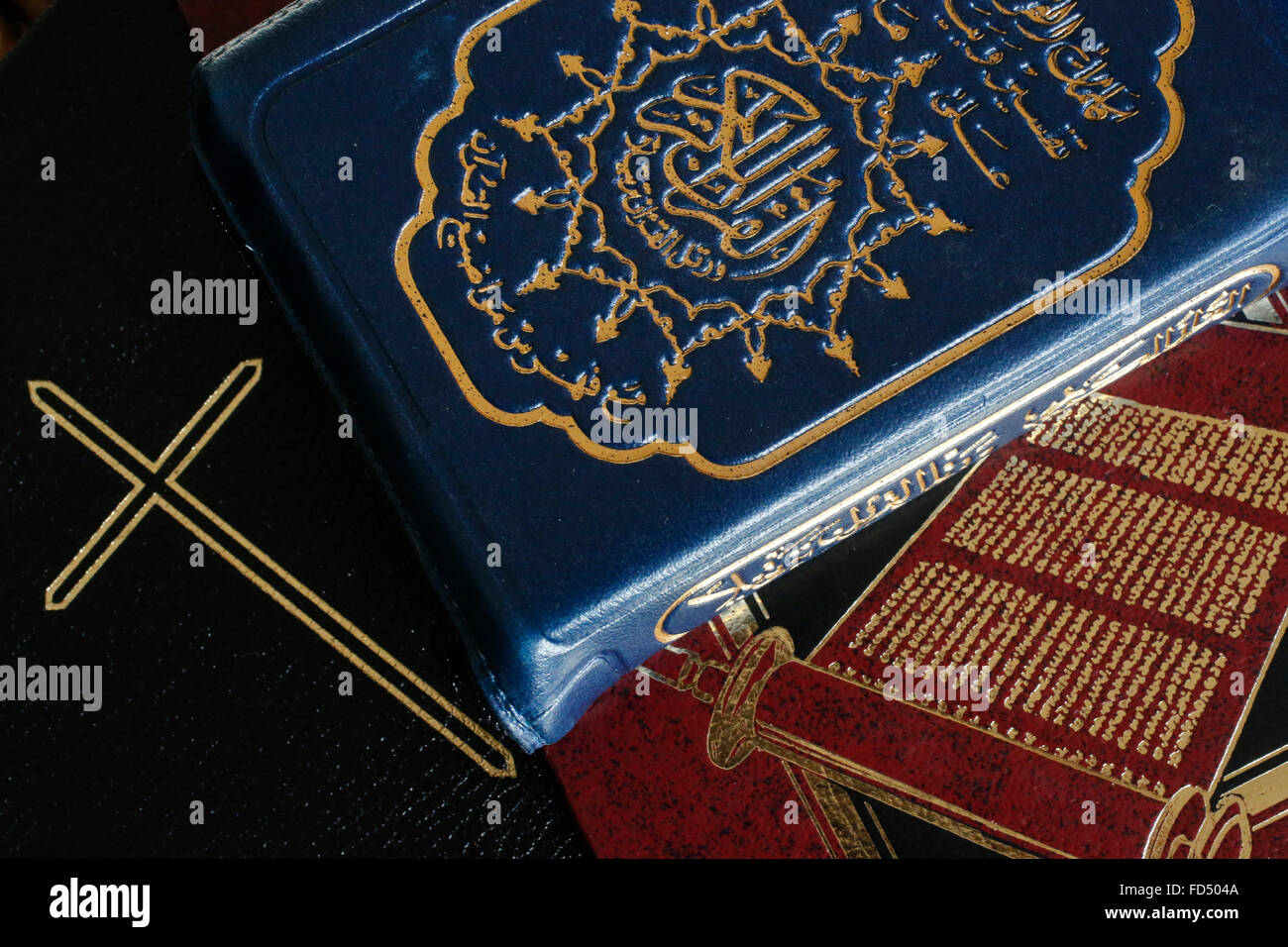 Torah, Bible and Quran. Interfaith. Stock Photo