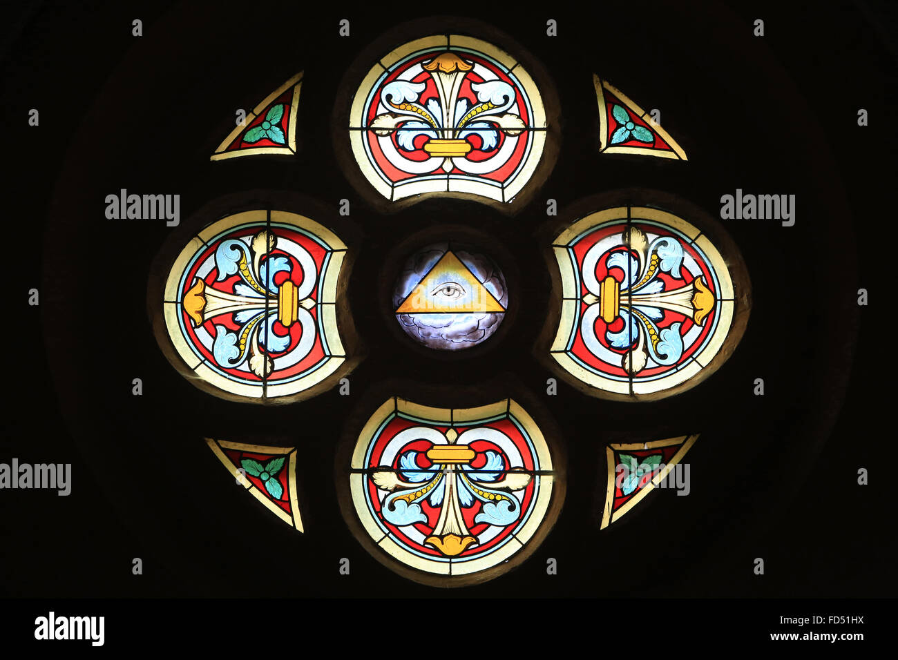 God's all-seeing eye. Stained glass. La Chapelle du Mont du Chat. Stock Photo
